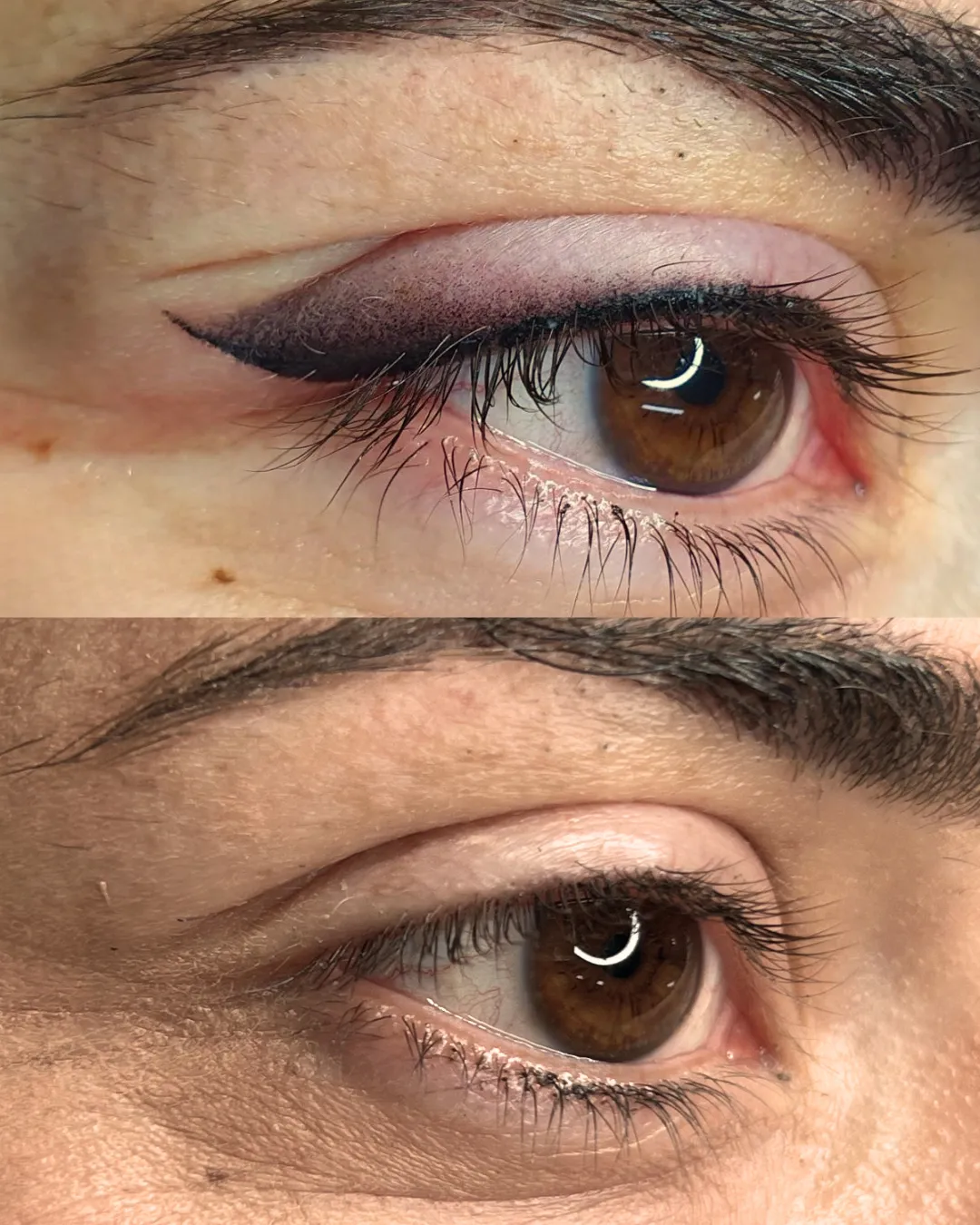 Ojo con y sin eyeliner permanente