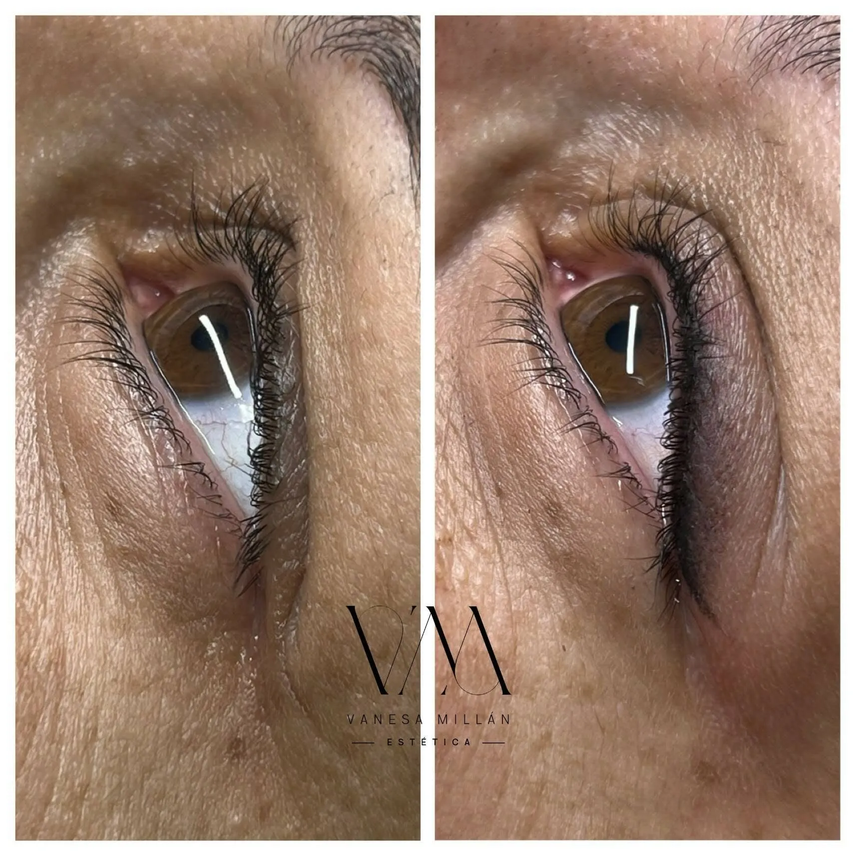 Antes y después de un eyeliner permanente fino